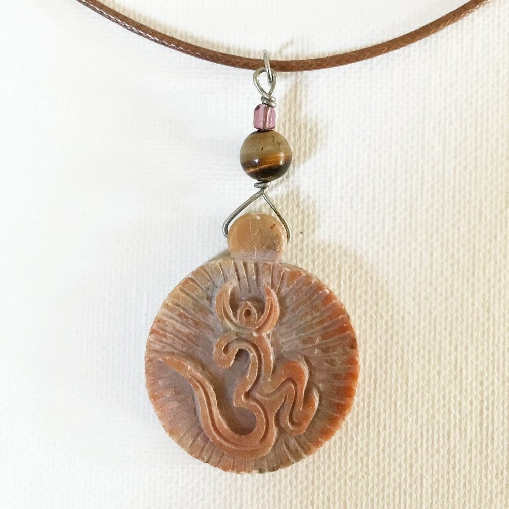 Hand Carved Stone Om Pendant Necklace Brown Cord Tigers Eye Bead Spiritual Boho
